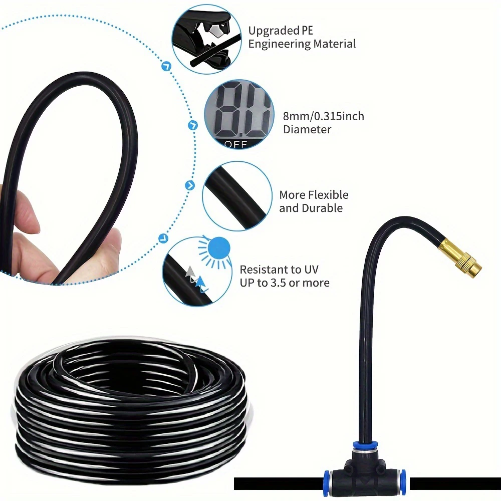 20M-5M Adjustable DIY Misting Kit, 8mm Universal Cooling Sprayer Hose for Garden Patio Plant Watering Fogging Irrigation System