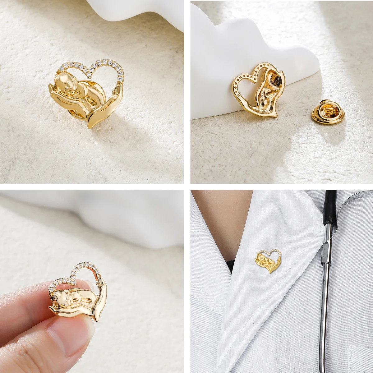 Catuni Medical Obstetrics Pins Brooch for Doctor Nurse Newborn Heart Shaped Copper Rhinestone Badge for Lapel Lanyard Bag Coat