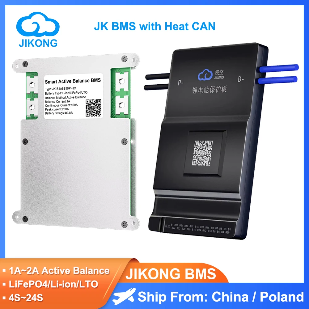 JIKONG BMS with Heat CAN for Li-ion LiFepo4 LTO Active balance current 1A 2A Supports BT APP RS485 CAN Heat Smart JKBMS