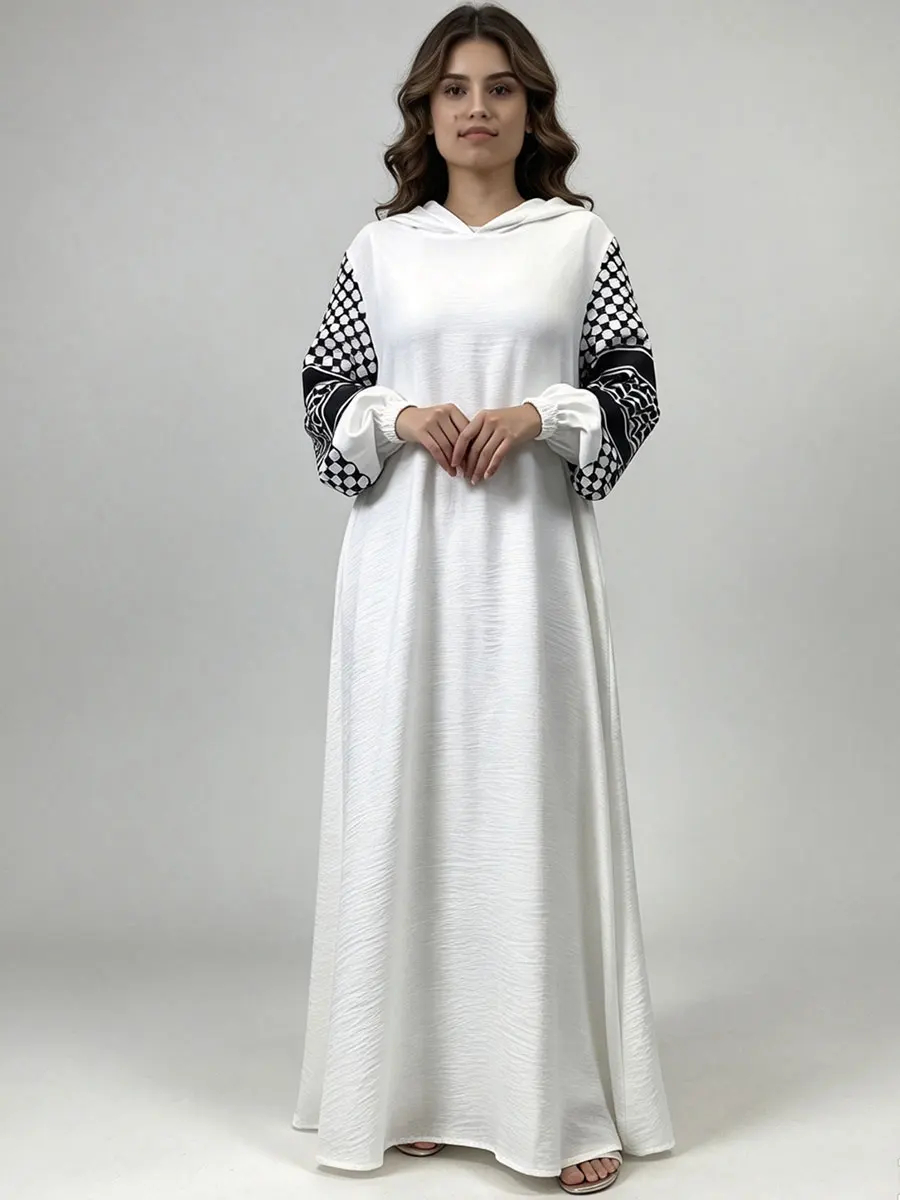 Hooded Abaya Muslim Women Long Dress Texture Fabric with Keffiyeh Pattern Sleeve Modest Islamic Kaftan Casual Robe