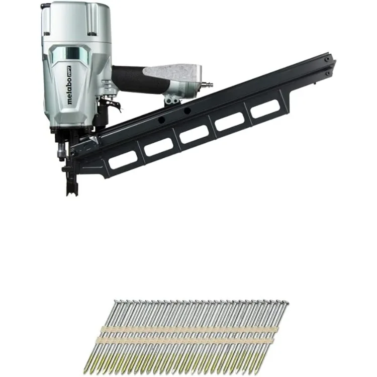 Framing Nailer | Pneumatic (NR83A5) w/Metabo HPT 3 Inch Smooth Bright Basic Plastic Strip Nails | 4,000 Count (10105HPT)