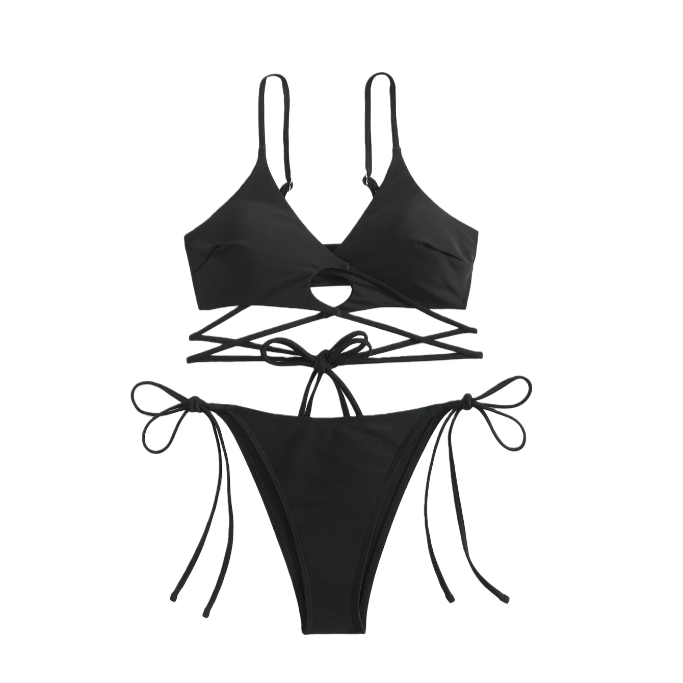 

2025 Sexy Criss Cross Tie High Waist Bikini Set Fashion Black Cutout Swimsuit Two Piece Bathing Suit for Beach Beach Vacation