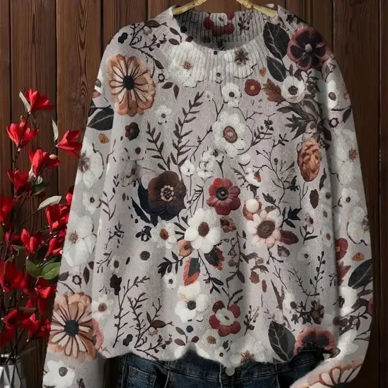 New Fashion Flower Printed Women's Sweater Knitted Cashmere O-neck Long Sleeve Casual Loose Pullover Tops Soft Knitwear Clothing