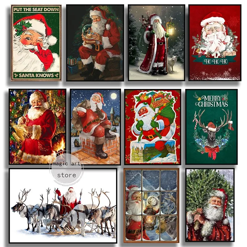 Christmas Holiday Art Posters Santa Claus Snowman with Gifts Aniaml Deer Canvas Painting Wall Prints Pictures Home Decor Cuadros