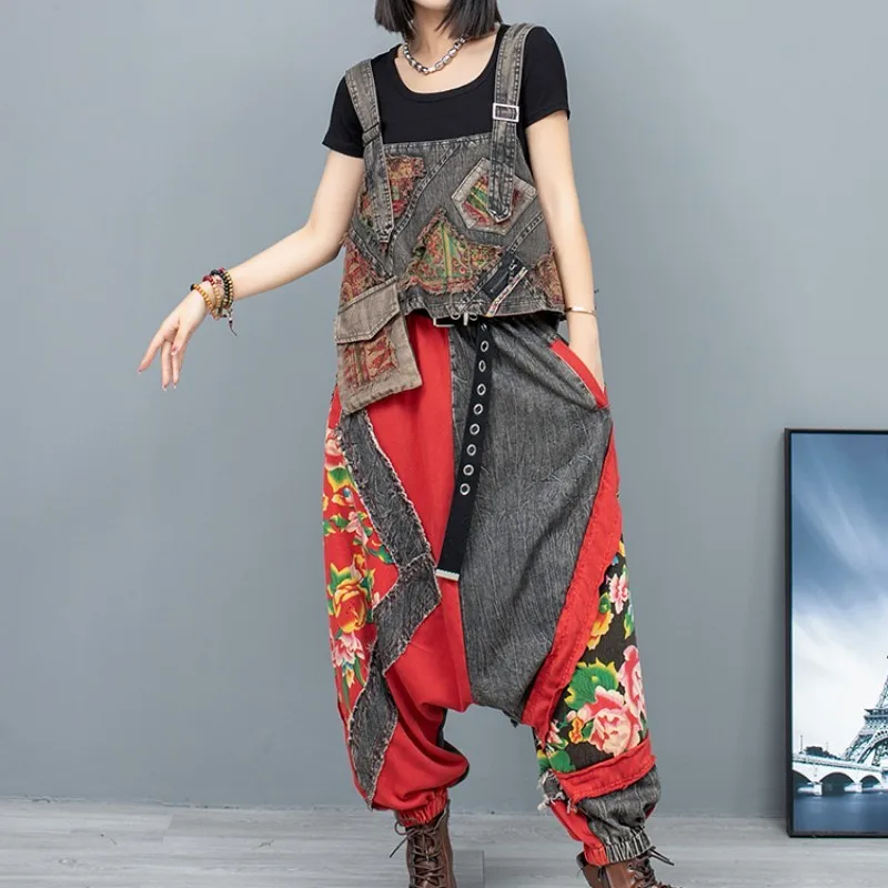 

2024 Summer New Chinese Style Distressed Denim Suspender Vest + Pants Two-piece Set Women Loose Fitting Pant Set LX321