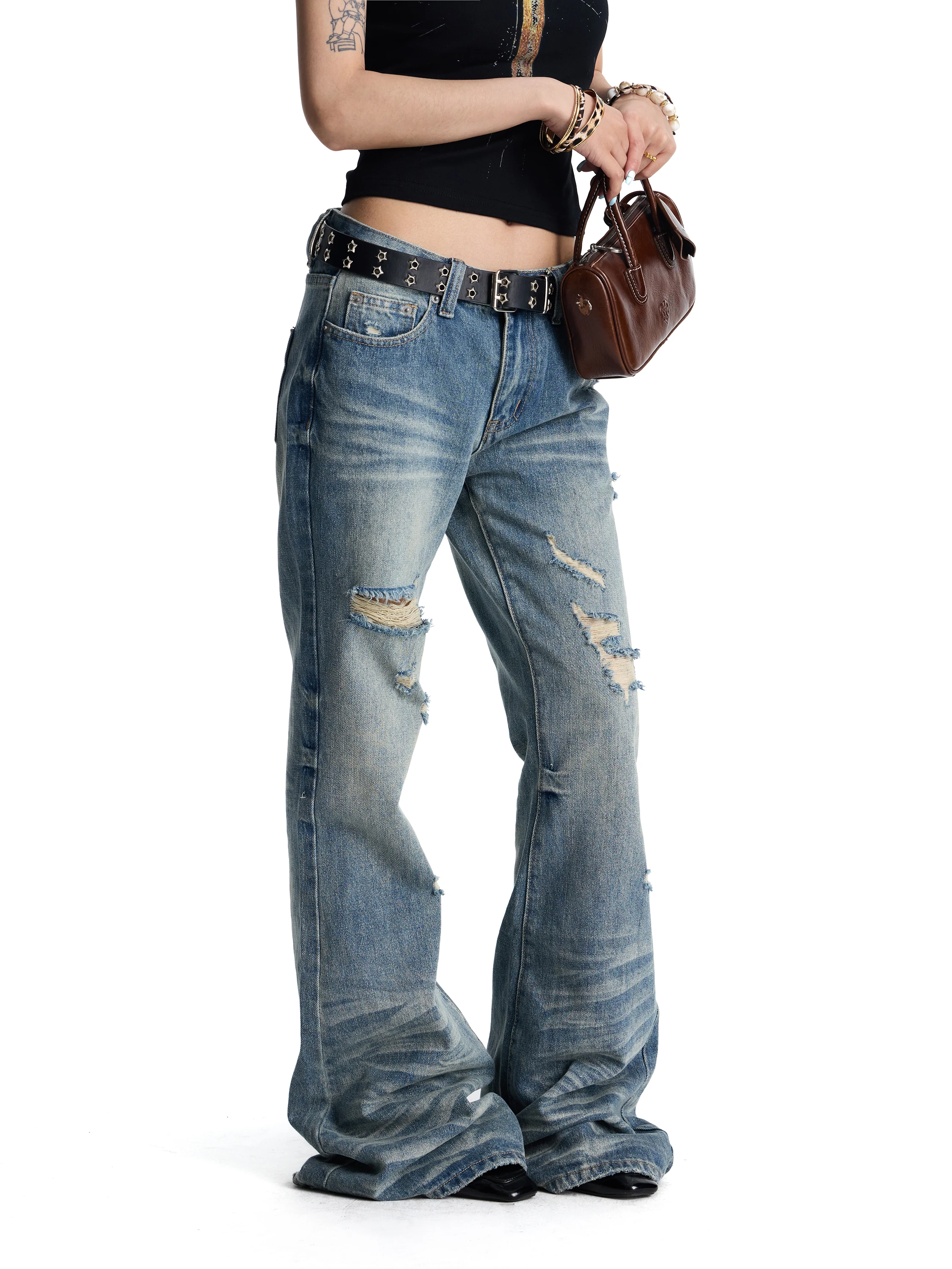 Low Waist Bell Bottom Jeans Slimming Washed Blue Street Style Antsstna Women's Fashion Cotton Zipper Fly Long Pants