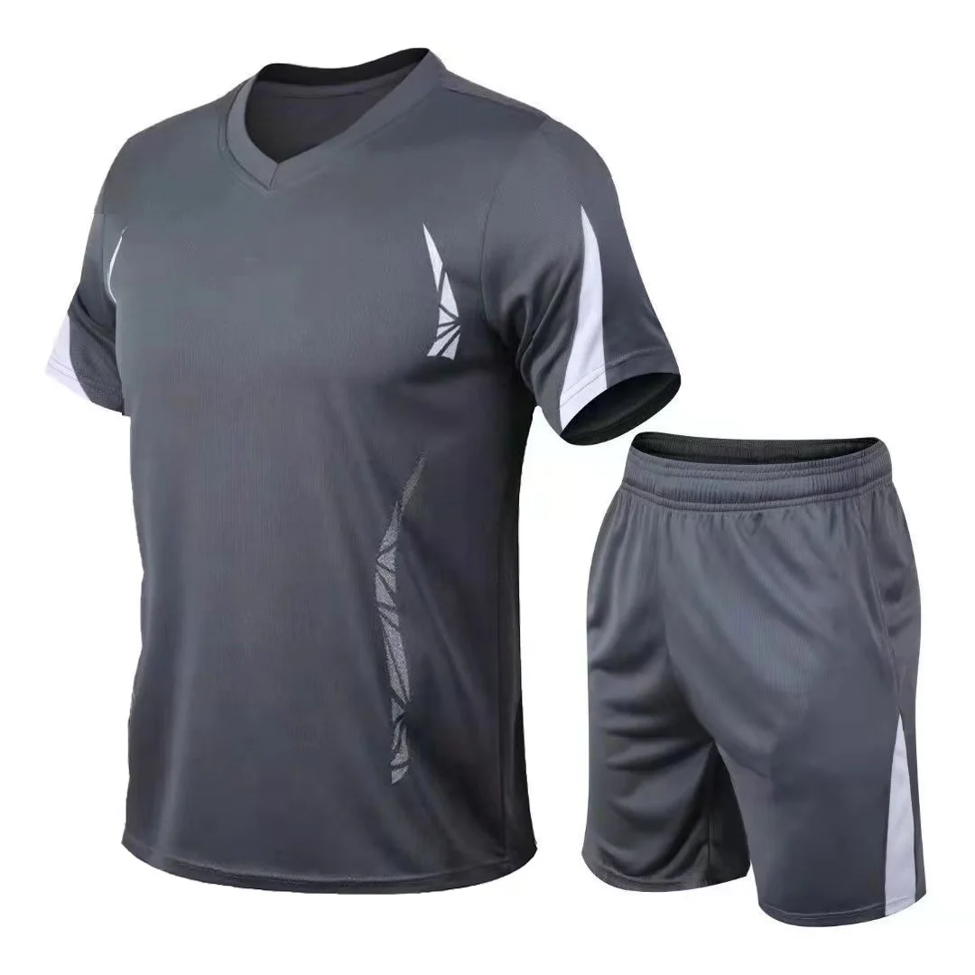 

Summer Slim Running Casual Short Sleeved Men's Quick Drying Sports Two-Piece Set Panelled Printed Breathable Elastic Waist Suit