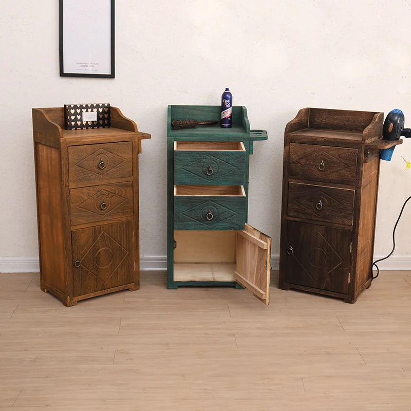 Retro Hairdressing Trolley Beauty Salon Organizer Cart Solid Wood Locker American Country Style Haircut Tool Storage