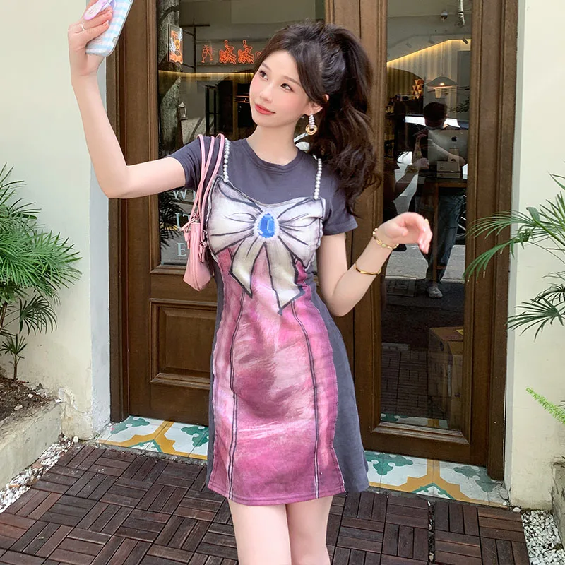 Robe t-shirt imprimée Chic pour femmes, vêtements d'été à manches courtes, Slim Y2k, Style paresseux, mode coréenne, pull, tunique