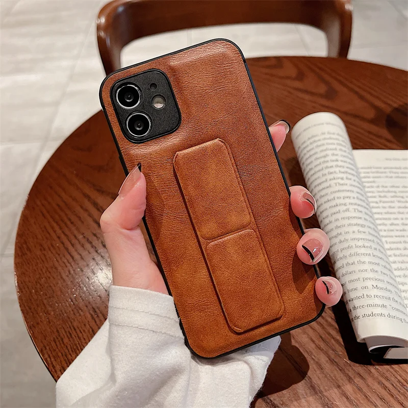 Tim Luxury Leather Folding Bracket Case For iPhone 15 14 13 12 11 Pro Max XS XR 7 8 Plus SE Soft Casing Shock proof Phone Cover