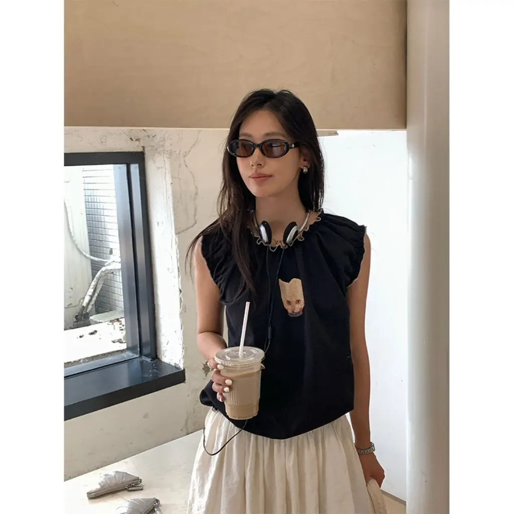 

Korean Style Women's Printed Tank Top Lace Loose Sleeveless Short Super Cute And Sweet 520681