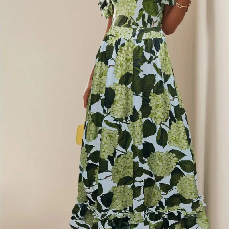 Sexy Strapless Tops + Long Skirt Outfits Women Elegant Flower Print Ruffle Swimsuit Suit Casual Sleeveless Pleated 2Pc Party Set