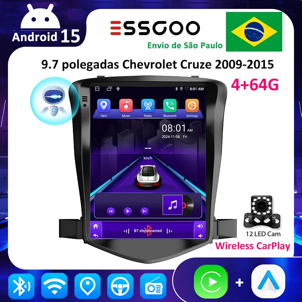 ESSGOO Android 15 Rádio CarPlay Sem Fio Para Chevrolet Cruze 2009-2015 Tela Sensível ao Toque Multimídia GPS Auto Rádio Estilo Tesla