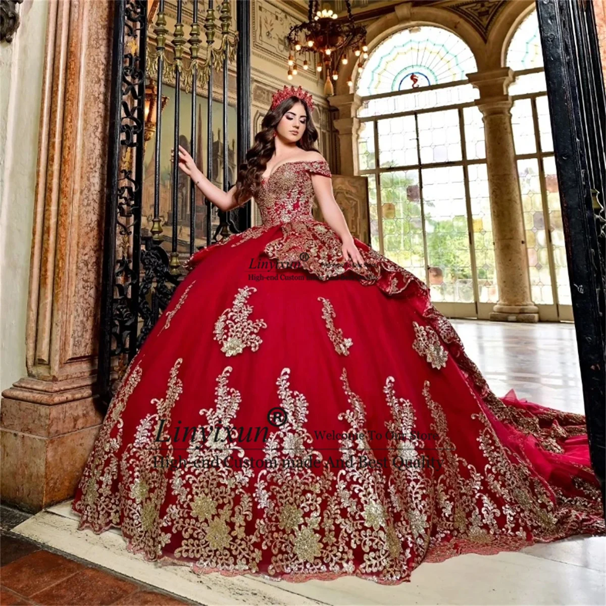 Red Quinceanera Dressed Gold Appliques Lace Tull Princess Sweet 16 Birthday Party Gown Ball Gown Formal vestidos de 15 años