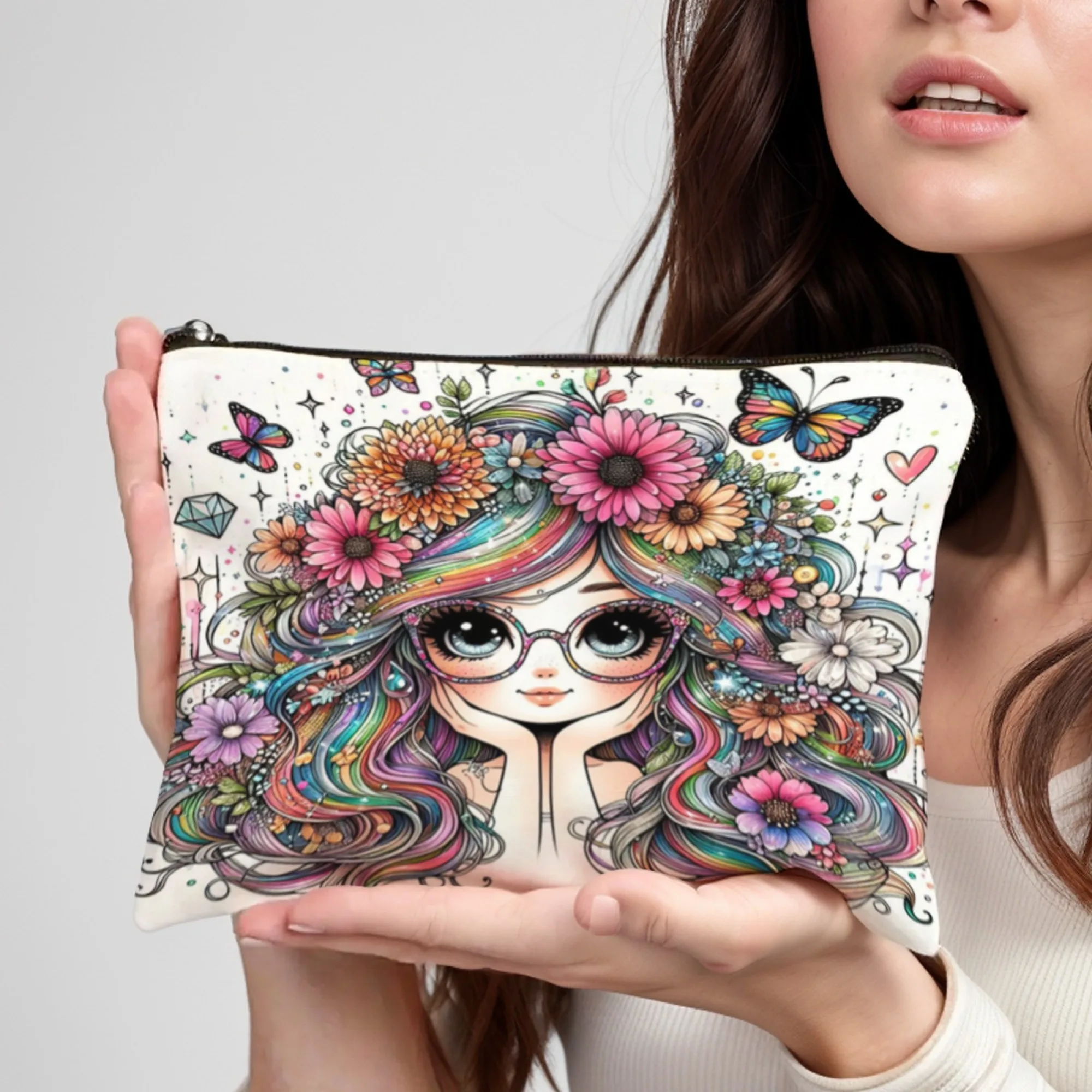 

Stylish Colorful hair butterfly girl Print Clutch Bag Portable Zipper Cosmetic Bag Travel Toiletry Storage Pouch for Women