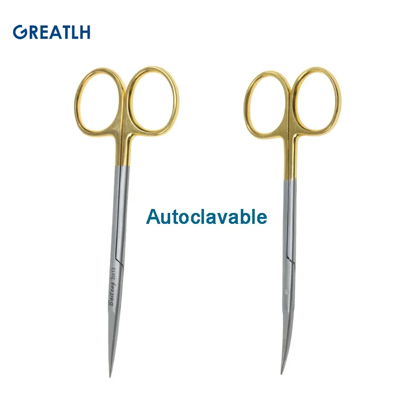 Stainless Steel Golden Handle Cut Tissue Scissors Pointed Straight Curved Head Tissue Scissors Autoclavable