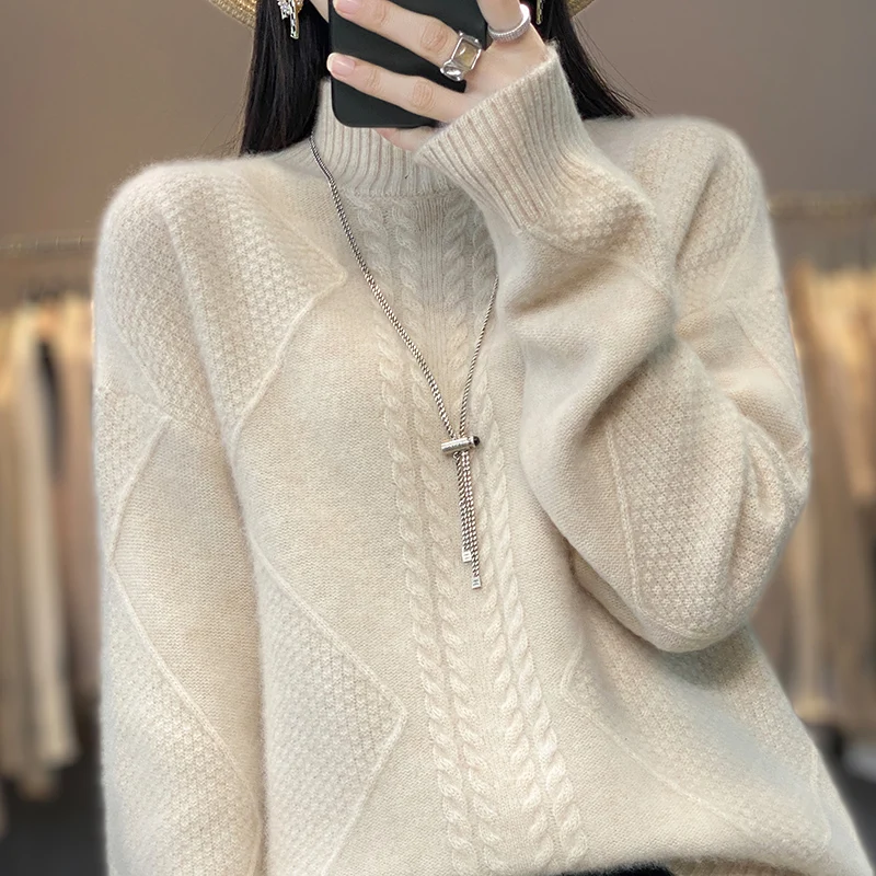 Autumn and Winter Women\'s Cashmere Wool Sweater Solid Knitted Loose Heat Keeping Half High Collar 100% Pure Wool Pullover Women\'