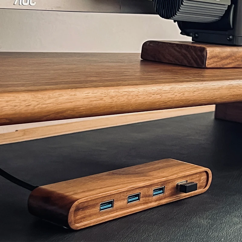 

Black Walnut Wood USB 3.0 Hub Stand 4-Port USB Extension Dock Solid Wood Laptop Riser Organizer Premium Desktop Accessory