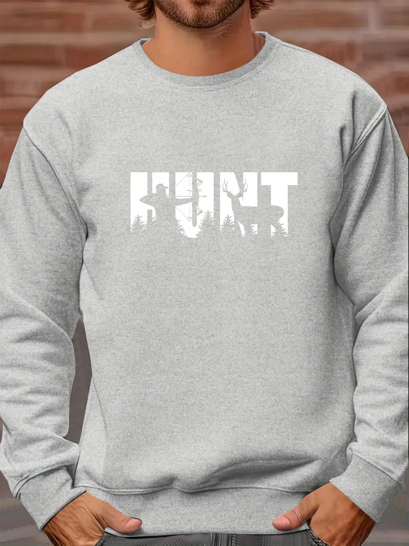 Men'S Casual Long Sleeve Crew Neck Sweatshirt with "HUNT" Deer Graphic Print - Beige, Loose Fit