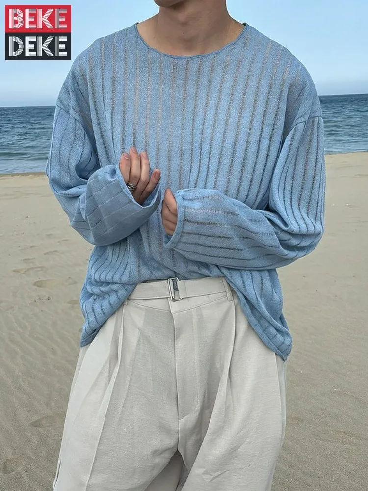 Mens Blue O Neck Hollowed Out Knitted Tops Long Sleeves T Shirt Casual Loose Fit Vertical Stripe Texture Pullover Male T Shirts