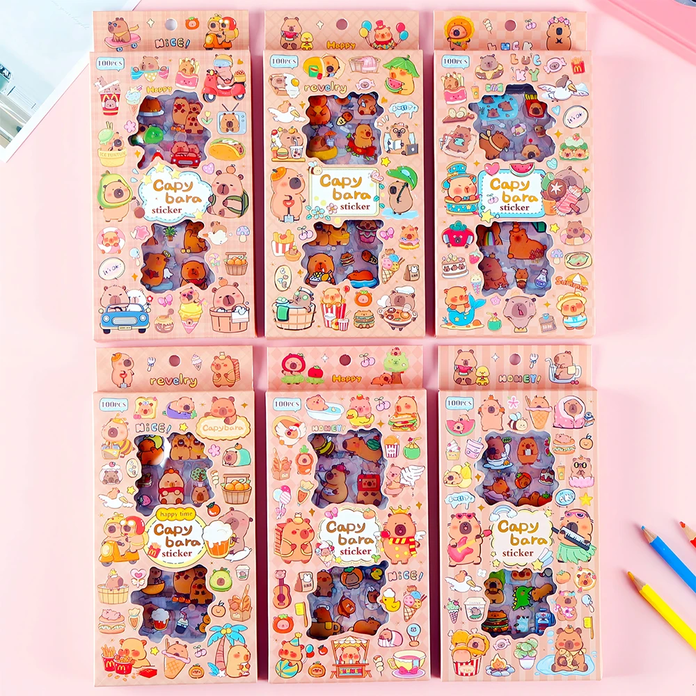 100 قطعة/صندوق مضحك لطيف الكرتون كابيبارا ملصقات الحيوانات الأليفة الجمالية الزخرفية سجل القصاصات الأمتعة الهاتف طفل DIY ملصق مضاد للمياه اللعب