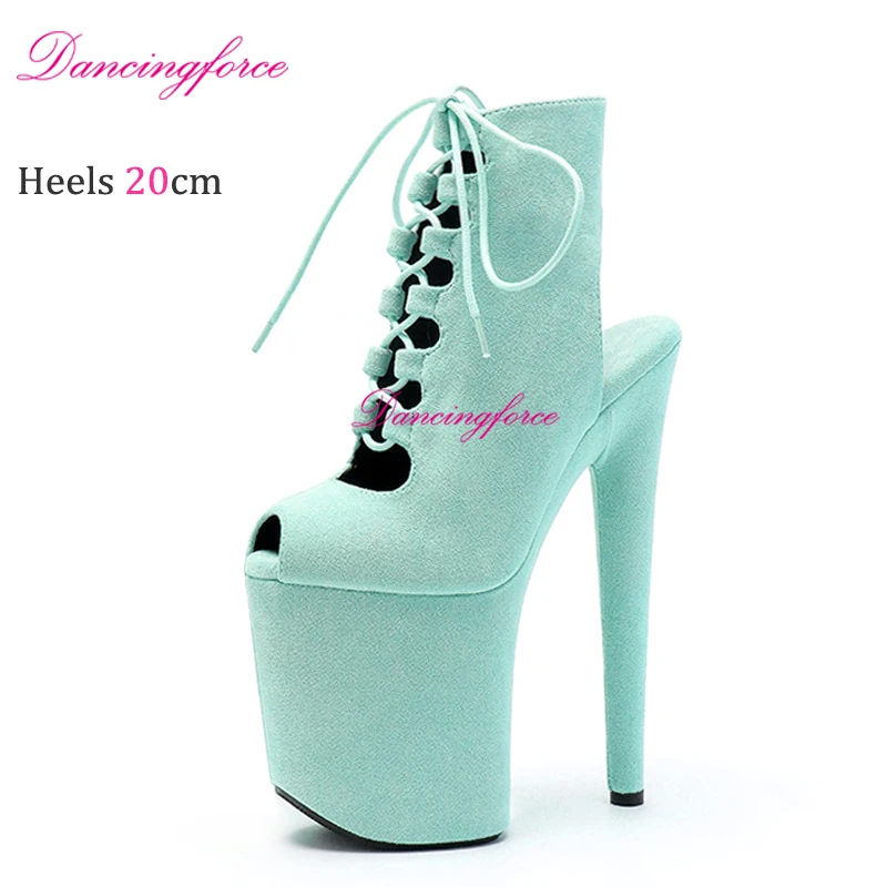 New Suede 20cm/8Inches Pole Dance Shoes Heels Platform Women Short Booties Lace-up Lady Catwalk Nightclub Strip Ankle Boot