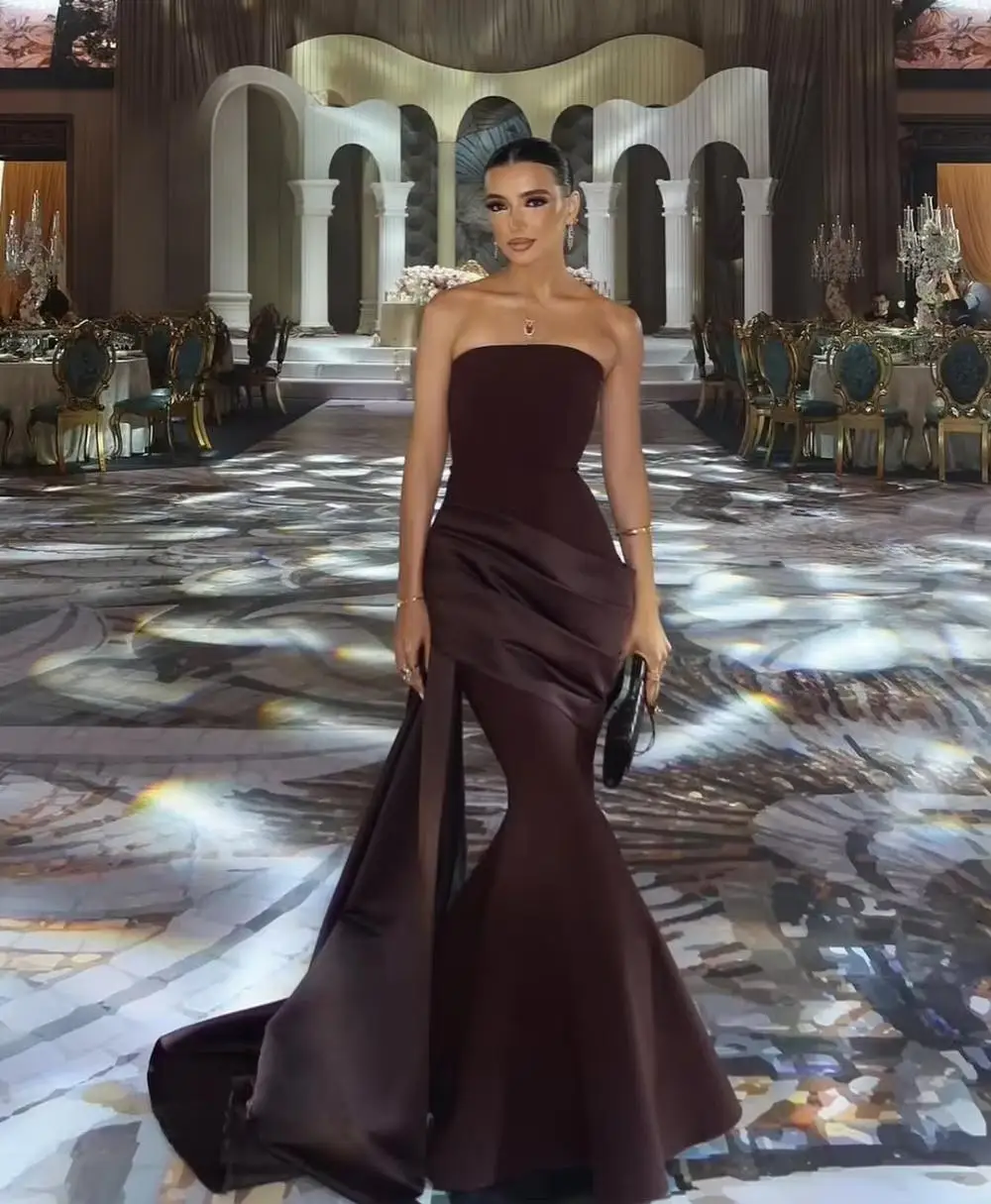 

Brown Strapless Evening Dresses 2025 Sleeveless Mermaid Prom Dress Elegant Pleated Floor-Length Wedding Party Dresses Customized