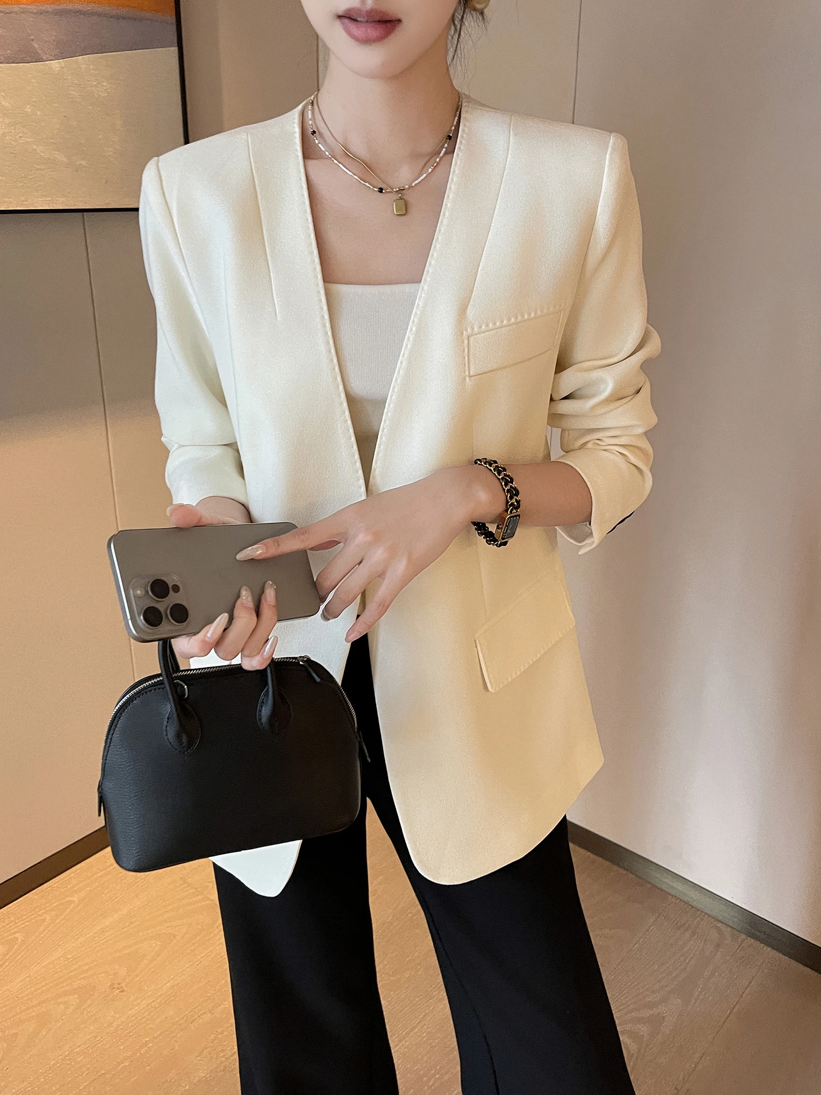 

Ele V-Ne Long Sve Костюм Jaet Женская осенне-зимняя модная повседневная цветная блузка прямого кроя для поездок на работу