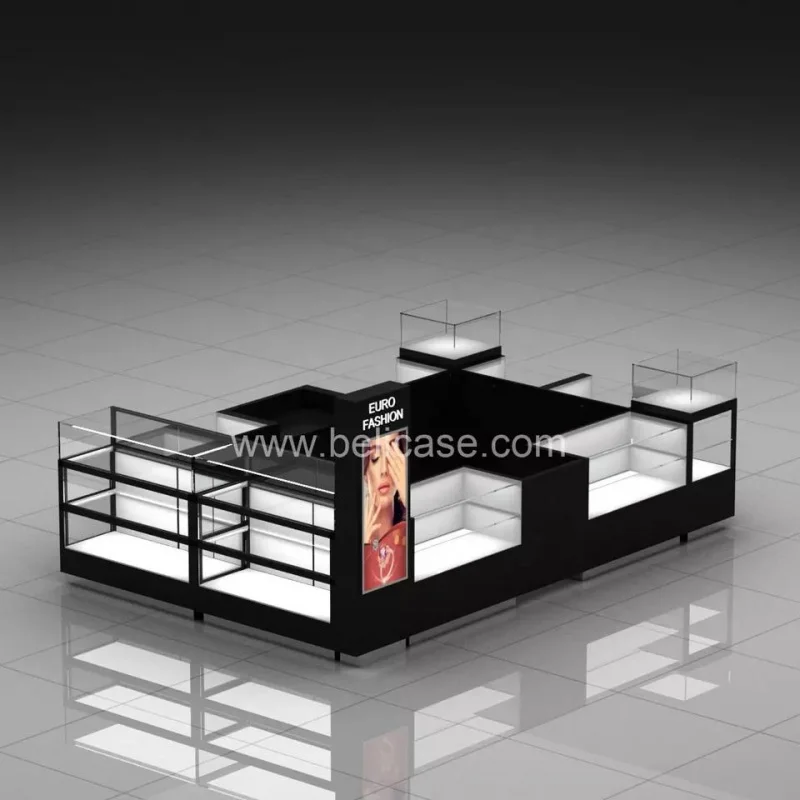 custom，Elegant Glass Jewelry Counter Showcase Unique Jewelry Display Cabinet Mall Jewelry Kiosk For Sale