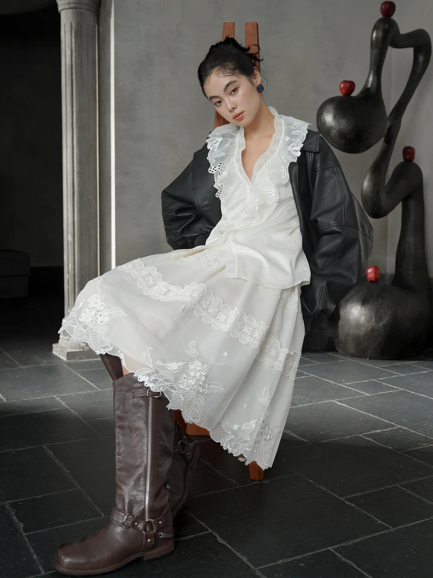 

Com Original Spring 2026 Pearl White 3D Embroidery f Skirt Aosphere Lightweight Gauze Texture High-End Umbrella Skirt