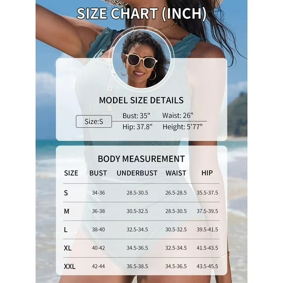 Anfilia Women Scalloped Ribbed One-Piece Tummy Control Swimsuit Button-Down Bathing Suit