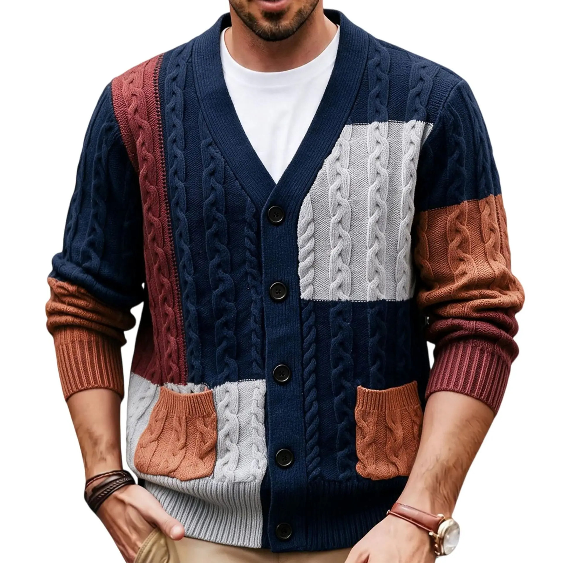 Men's luxury fashion retro men's contrast color Fried Dough Twists cardigan sweater casual V-neck knitting coat top