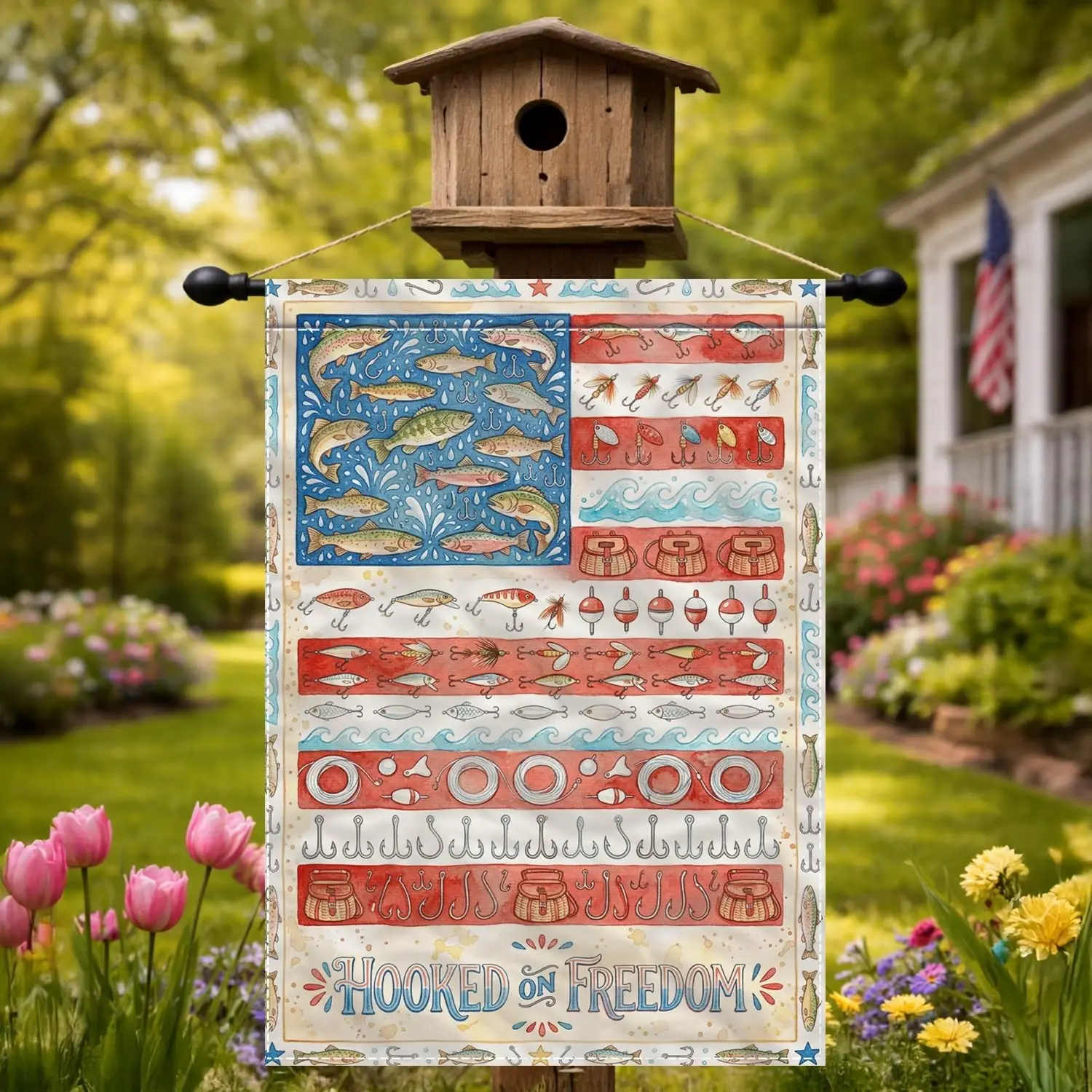 Fishing Lure Garden Flag Hooked on Freedom Patriotic Lake House Decor 12x18 Inch Double Sided Polyester jjp