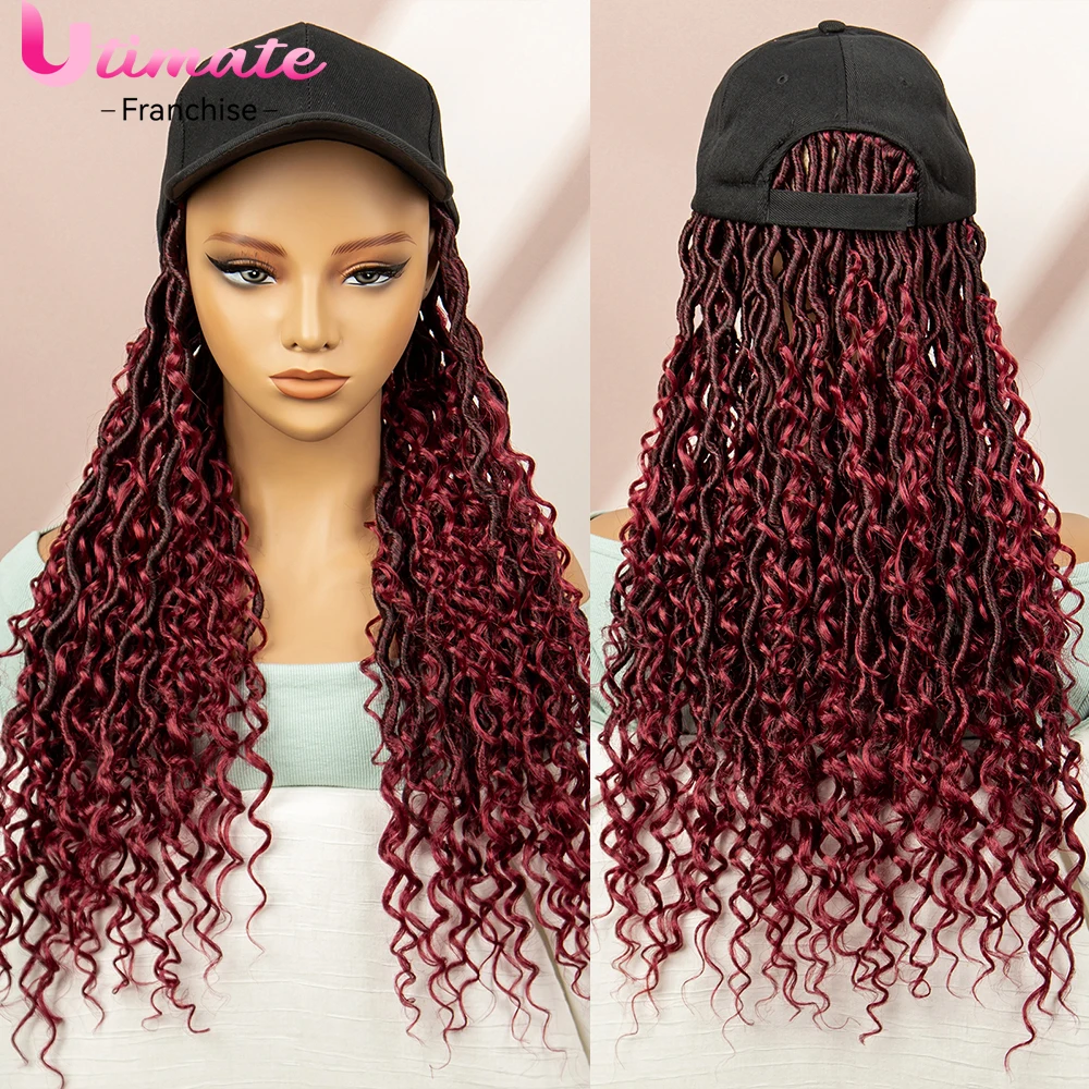 Burgundy Braiding Hat Wigs Boho Braids Twisted Braided Wigs Hat Wigs Hair Extensions 99J End Curly Baseball Cap Wig with Hair