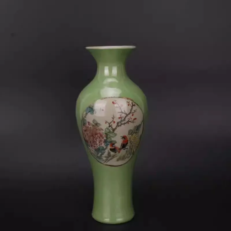 Chinese Green Glaze Porcelain Vase Flowers Birds Pattern 9.3 inch Jurentang, Guanyin Bottle