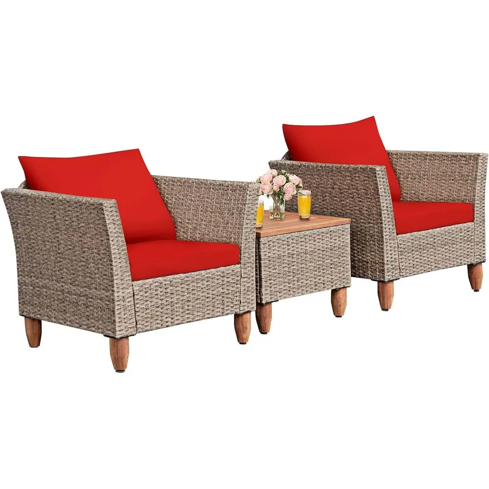 

Red Outdoor Wicker Bistro Set with Acacia Wood Top Coffee Table and Washable Cushions for Patio, Balcony, or Porch