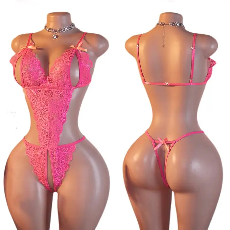 One-piece Hollow Rose Lace Transparent Sexy Lingerie Seduces Exotic Teddy Doll Jumpsuit Erotic Crotchless Sex Clothes Bodysuit