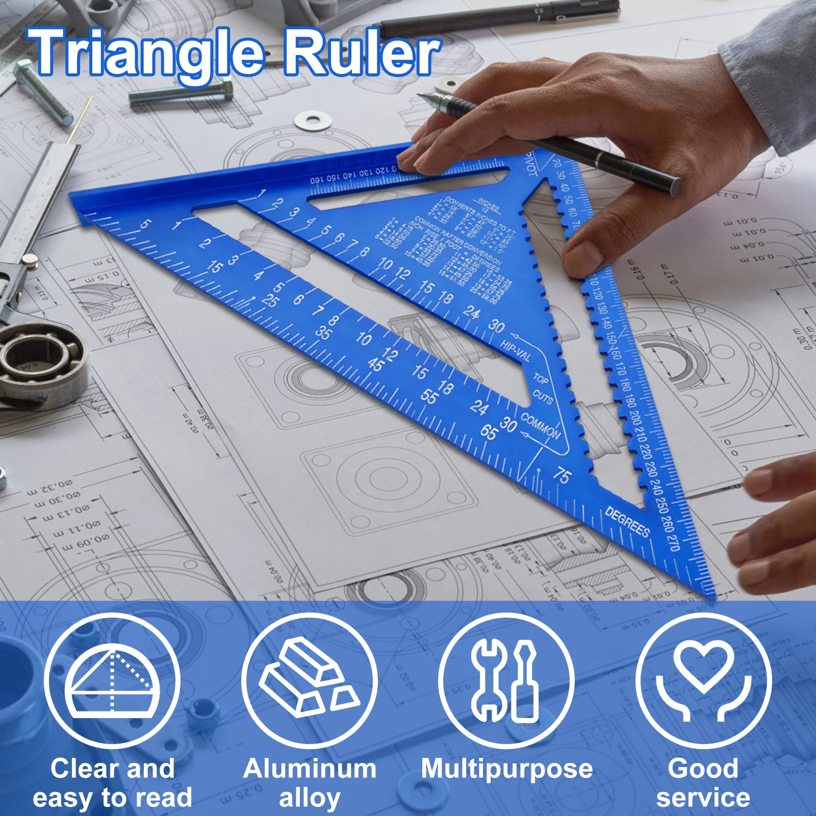 Règle triangulaire de 12 pouces, outil de mesure, outils de charpentier en alliage d'aluminium, règle d'angle métrique, carré de vitesse pour outils de travail du bois