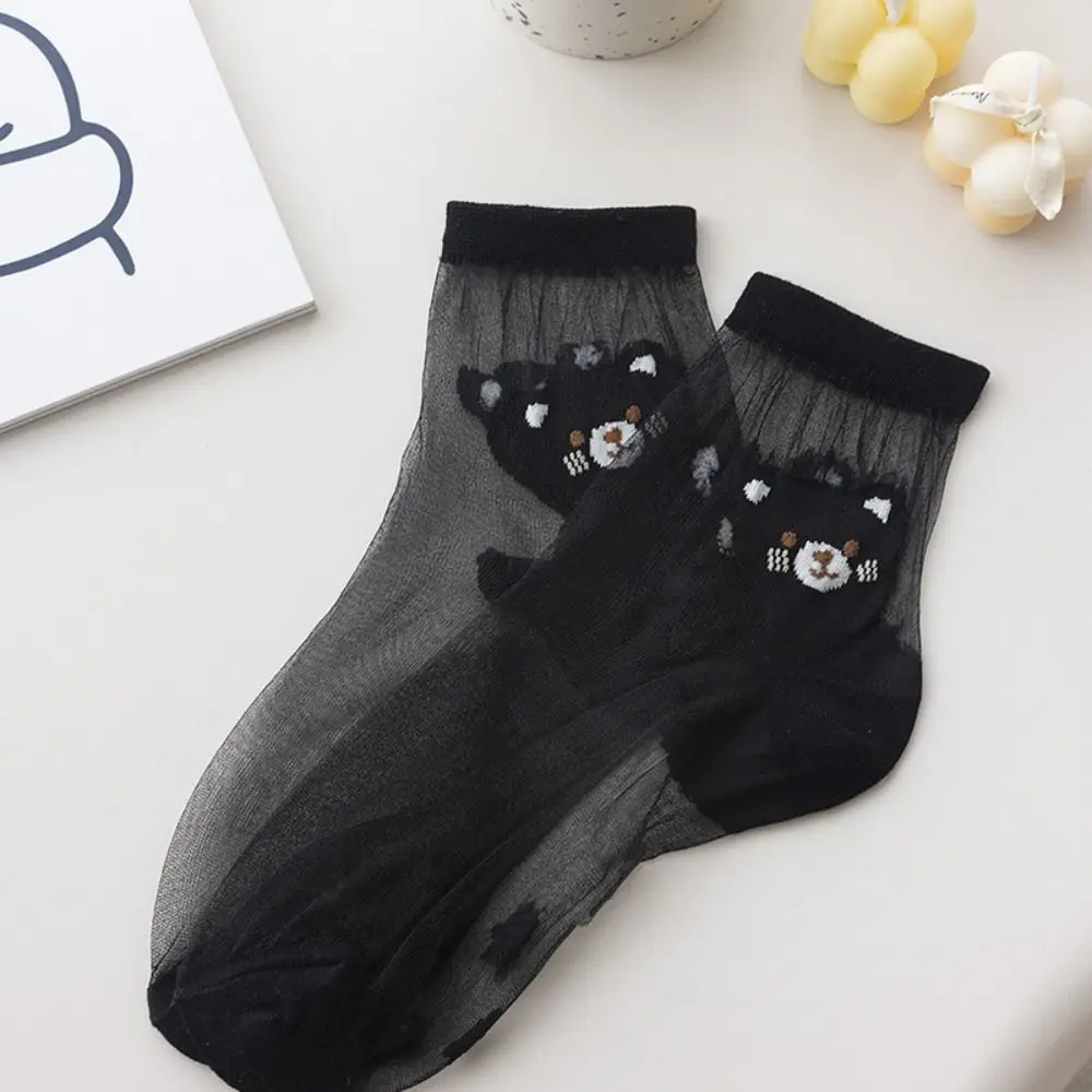 5Pairs Transparent Cat Crystal Silk Sock Patchwork Breathable Nylon Ultra-thin Socks All-match Short Ankle Tube Socks for Women