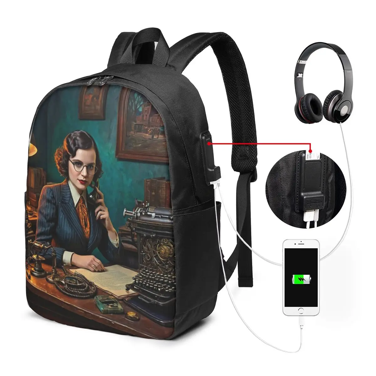 Vintage Detective Women'S Work Scene Backpack Travel Notebook Bag Computer College Student School Bag Laptop Shoulder Bags