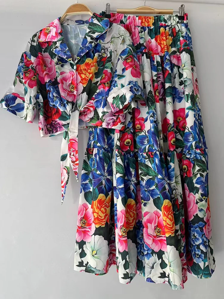 

2025 Summer Women's retro printed lapel lace-up waist-cinching short shirt two-piece set + pleated loose skirt fashion set
