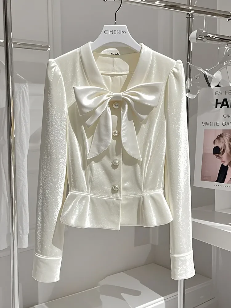 

Luxury High-end Chic Long Sleeve Shirts Women Autumn Luxury Blouse Velvet Belts Slim Ruffle Jacket Office Lady Shirts Trend Tops