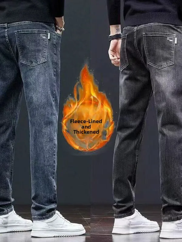 

Мужские джинсы с прямыми штанинами на подкладке Fce, осень-зима, износостойкие повседневные рабочие брюки, облегающие синие джинсы