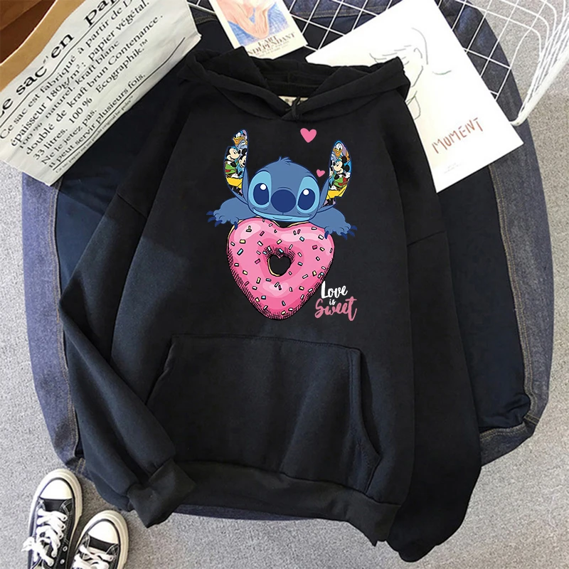 Streetwear Cartoon Winter Disney Stitch Hoodies Women Harajuku Cute Anime Sweatshirt Manga Streetwear Hoody Female Unisex