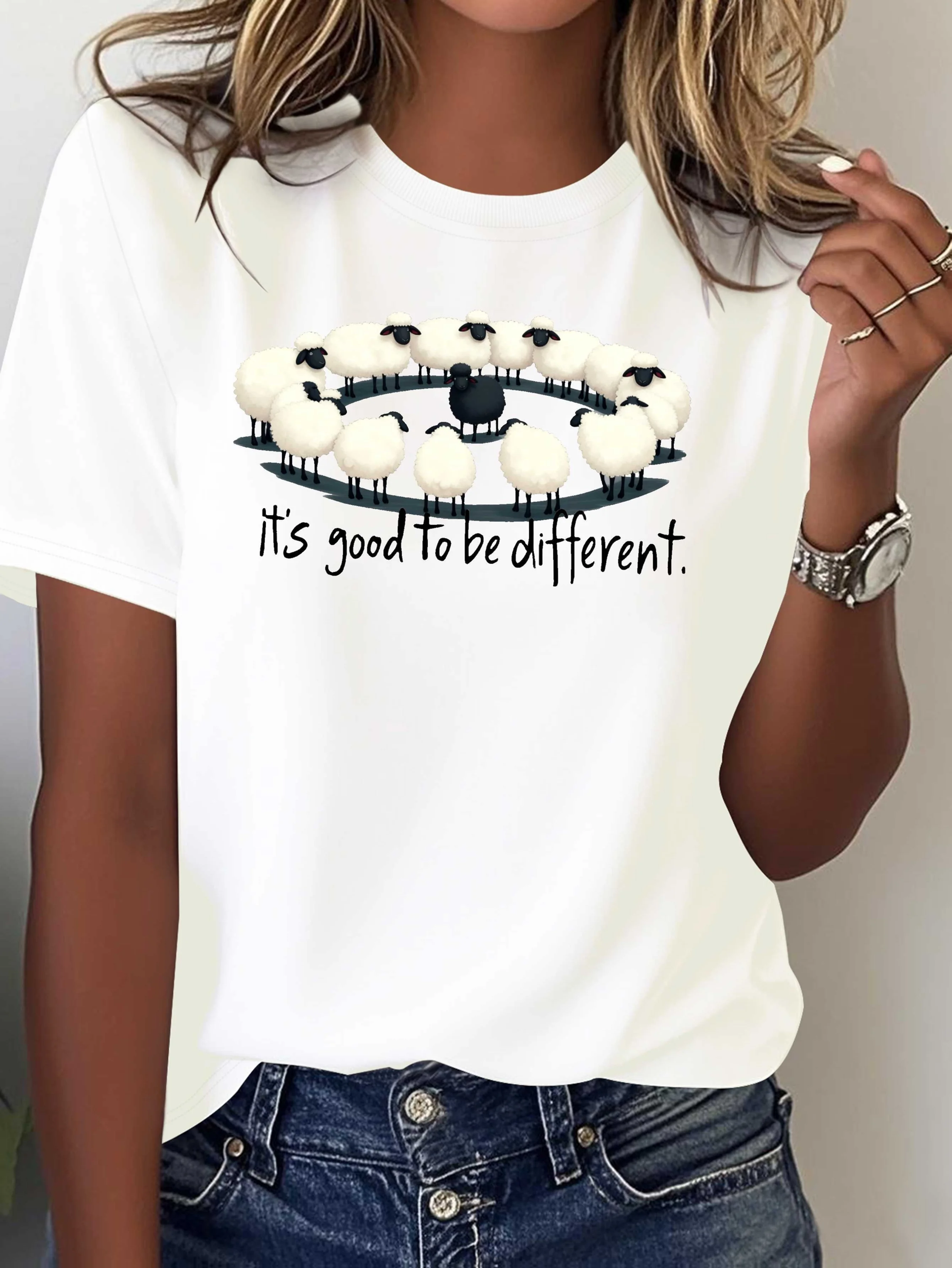 It's Good To Be Different Black Sheep T-Shirt Women Inspirational Quote Graphic Short Sleeve Tee Animal Lover Casual Shirt