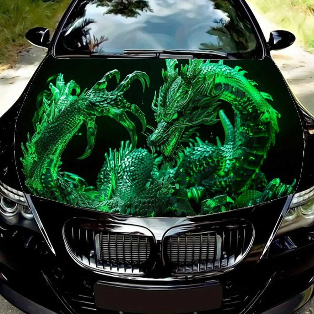 

Eerie Green Lit Dragon Car Hood Decal,Self-Adhesive PVC Hood Decoration Scratch Resistant Sticker Protect,Auto Accessories Gift