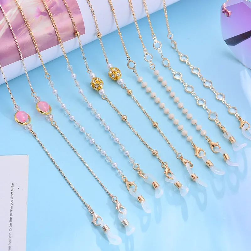 

Fashion Pearl Glass Sunglasses Mask Holder Lanyard Student Wheat Ear Kitten Bat Glamour Glasses Chain Neck Strap for Women