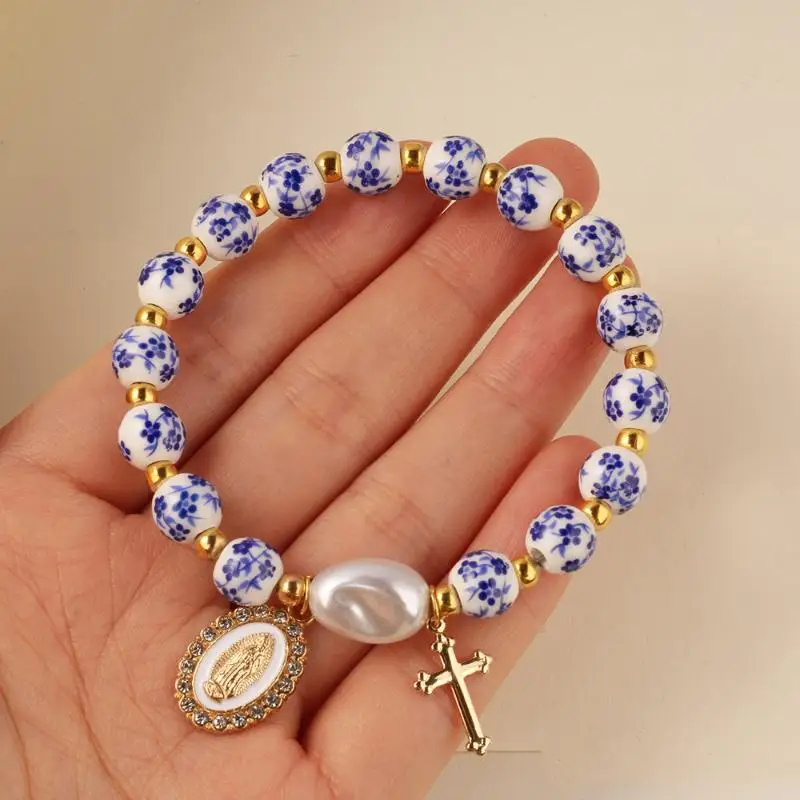 Handmade Blue White Porcelain Ceramic Beads Bracelet Baroque Pearl Cross Jewelry Vintage Women Daily Wear Birthday Gift Ornament