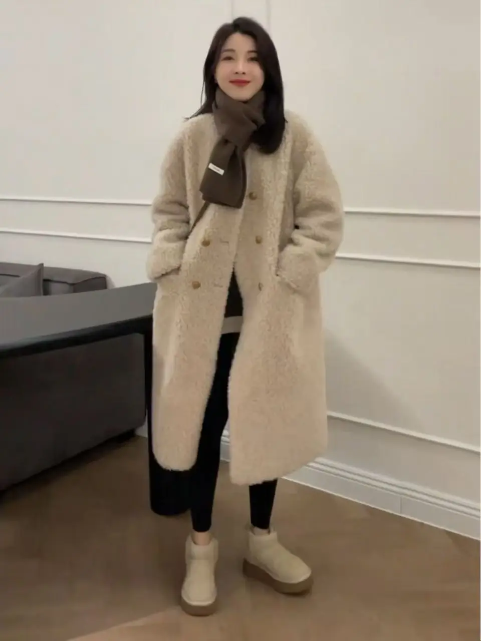 เสื้อโค้ทขนแกะอุ่นๆ สำหรับผู้หญิง ฤดูใบไม้ร่วง ฤดูหนาว อเนกประสงค์ แฟชั่น ความยาวปานกลาง สไตล์เกาหลี แขนยาว ทรงกลม ดีไซน์สองชั้น...