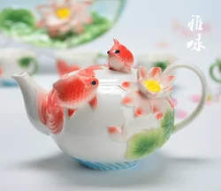 New 3D Enamel Coffee Tea Pot Creative Relievo Lotus Porcelain Kettle Ceramic Bone China Drinkware